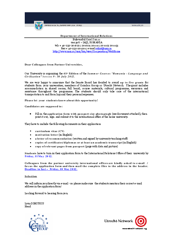 Vice-Rectorate for Internationalization > invitation letter to partner